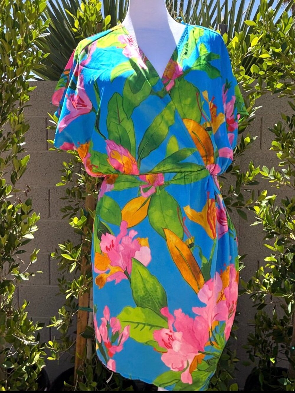 ZARA Tropical Floral Dress Medium Blue faux Wrap Midi Made in Morocco Resort